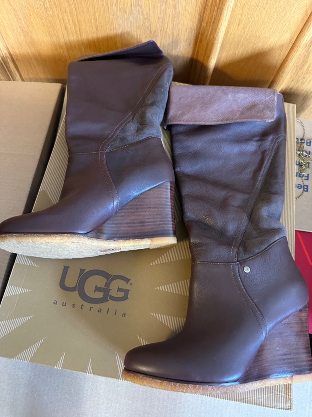 UGG Ravenna Brown Leather Wedge Boots | Knee-High | Size 7 | NEW